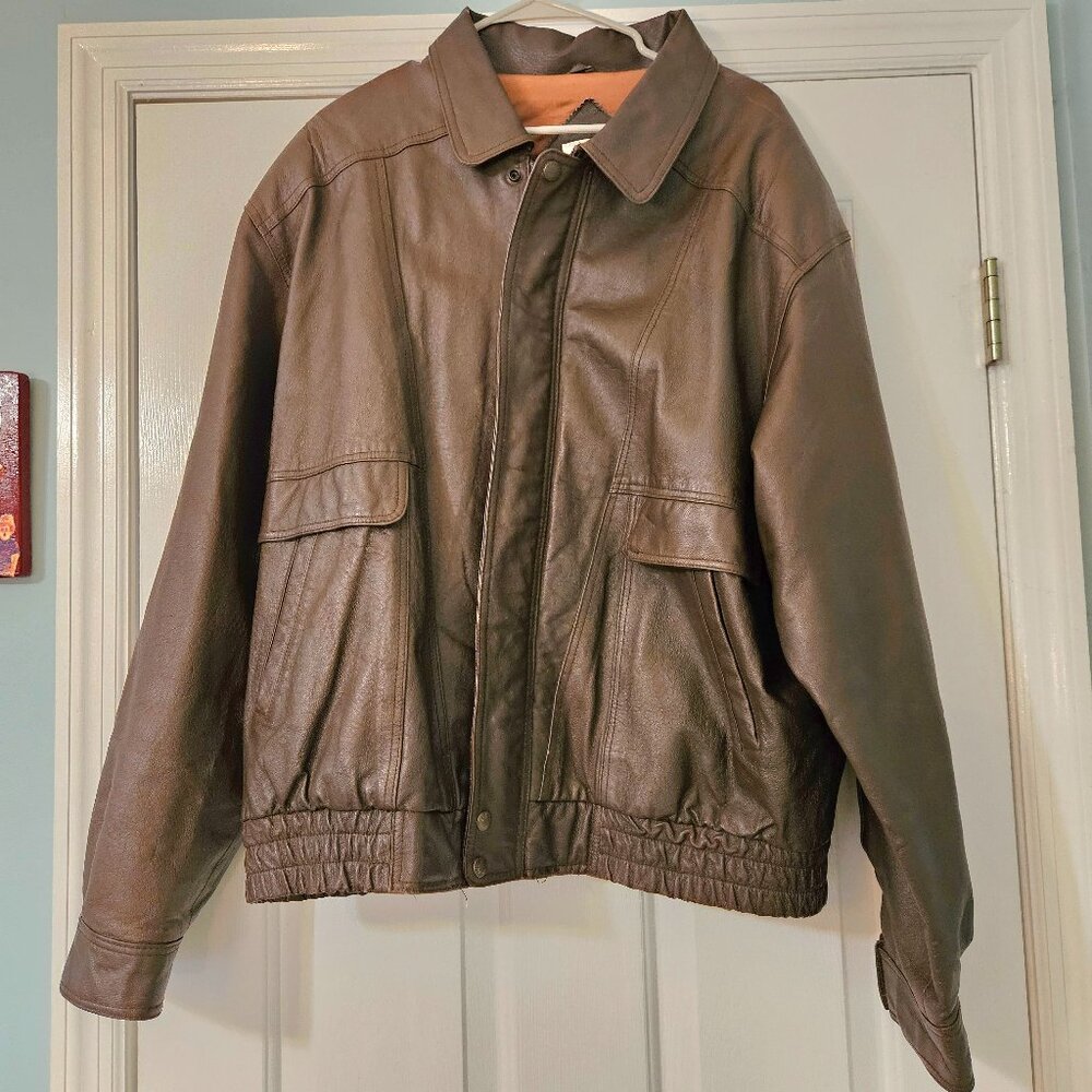Vintage 90s American Weekend Leather Jacket Mens 48 Brown Snap Zip Up Preppy